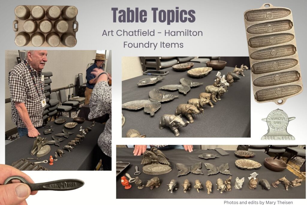 Art Chatfield showing cast iron pieces from Hamilton foundry at the cast iron convention. 
