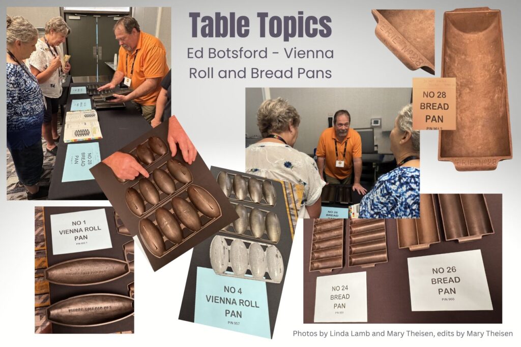 Ed Botsford showing cast iron vienna roll pans and bread pans at the cast iron convention. 
