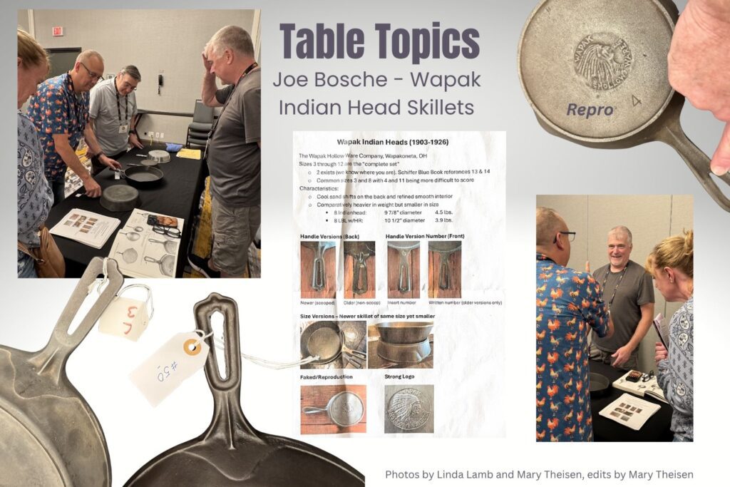 Joe Bosche showing Wapak Indian Head skillets, including a reproduction skillet at the cast iron convention. 