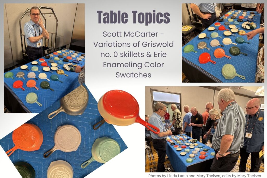 Scott McCarter showing many variations of enameled Griswold no. 0 skillets and a ring of enamel color swatches at the cast iron convention. 