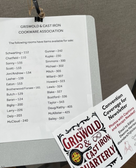 list of names and room numbers for people selling cast iron pieces in their hotel rooms at the cast iron convention.